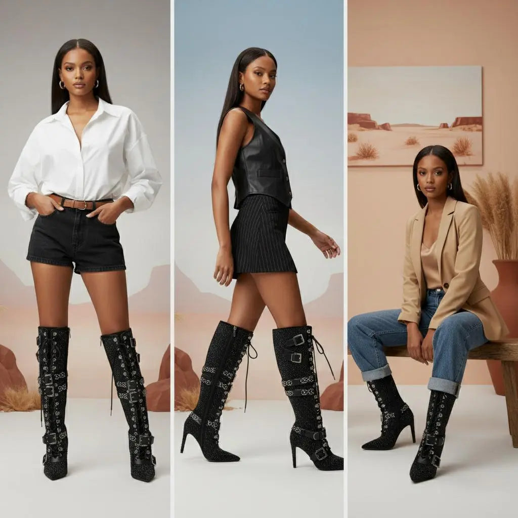 Tuhoomall Rhinestone Knee-High Heeled Boots for Women with Adjustable Strap, Faux Suede Finish and Geometric Pattern, Perfect for Parties and Dances Tuhoomall