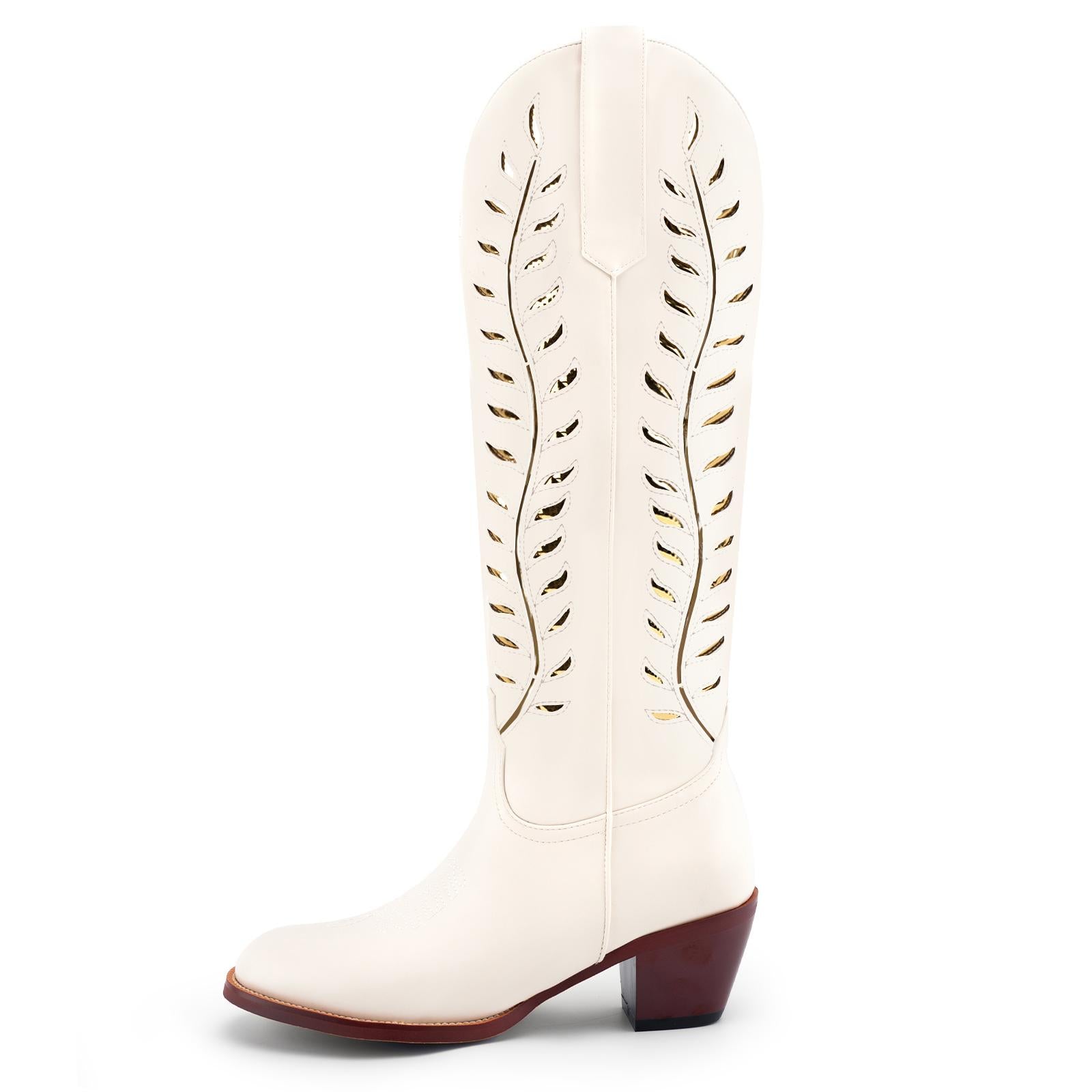 Tuhoomall Western Mid Calf Boots for Women, Embroidered Vegan Leather, Casual Chunky Heel, Spring Autumn Winter Fashion