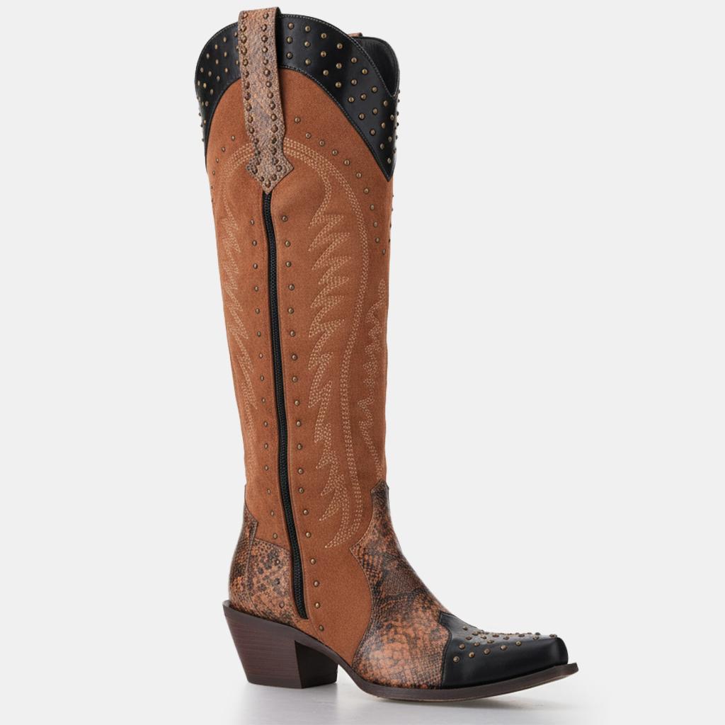 Tuhoomall Western Cowgirl Knee-High Boots, Snip-Toe Chunky Heel, Animal Print, Stylish Faux Suede, Easy Zip Closure
