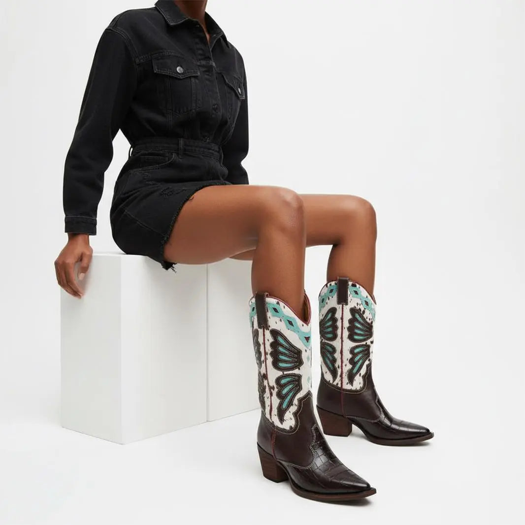 Tuhoomall Western Cowboy Boots for Women, Floral and Animal Print, Chunky Heels, Perfect for Parties and Fashion Events, Easy Slip-On Style Tuhoomall