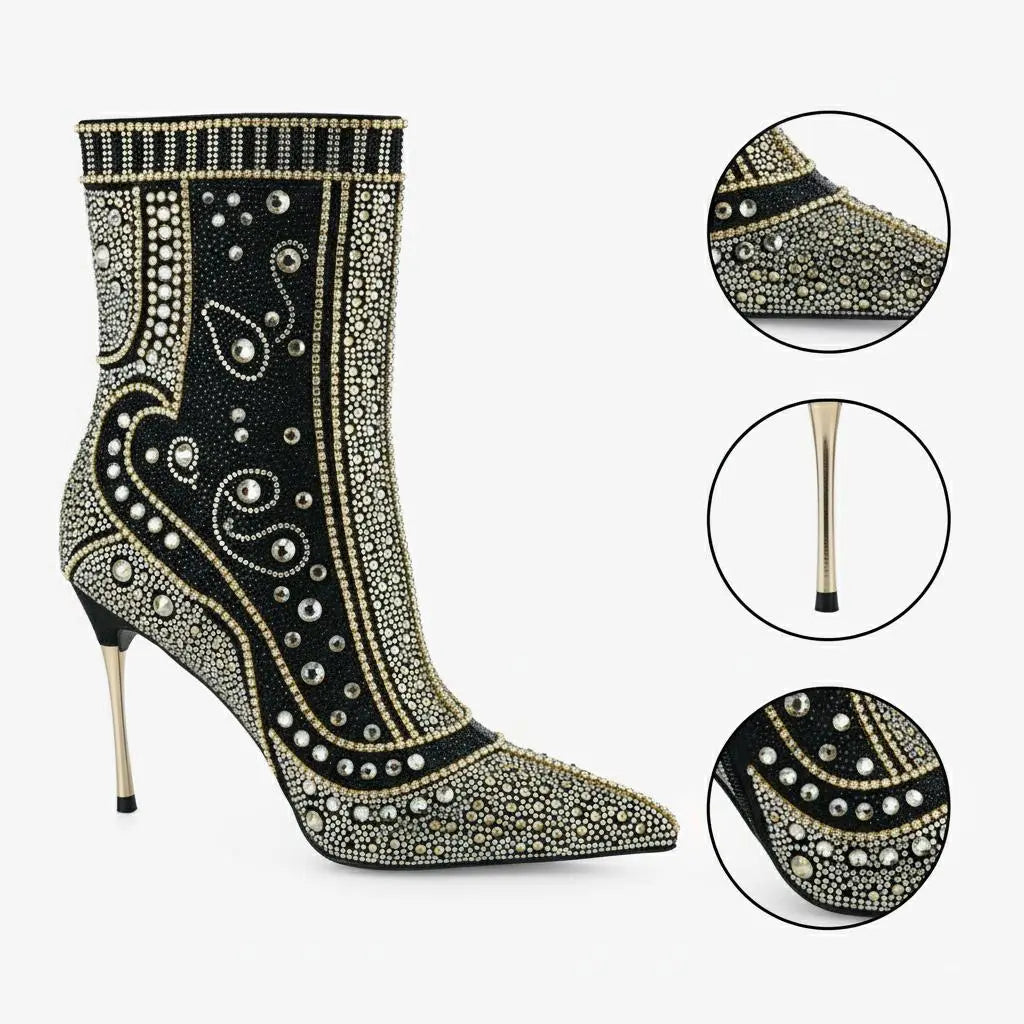Tuhoomall Stylish Short Ankle Boots With Zipper, Rhinestones And Studs For Parties, Performances, And Fashion Events Tuhoomall