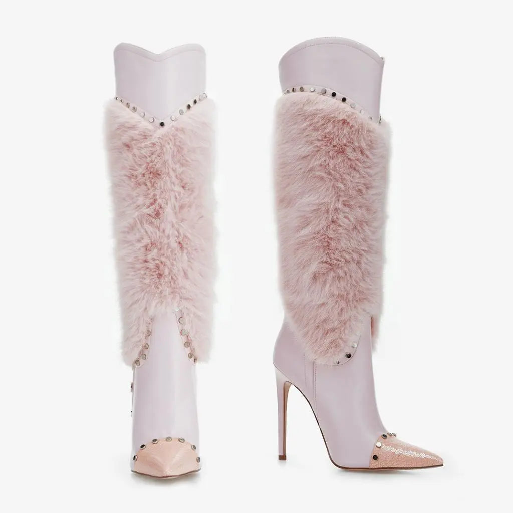 Tuhoomall Heel Fashion Boots for Women, Elegant Pointed Toe High Heels with Studs and Faux Fur, Ideal for Parties and Performances Tuhoomall