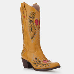 Tuhoomall Western Cowgirl Boots, Chunky Heel Slip-On, Embroidered Heart Details, Vintage Style for Year-Round Fashion