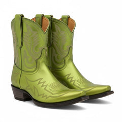 Tuhoomall Western Mid Calf Boots for Fashion and Outdoor, Embroidered Snip-Toe Design, Chunky Heel, Slip-On Style, All-Season Comfort