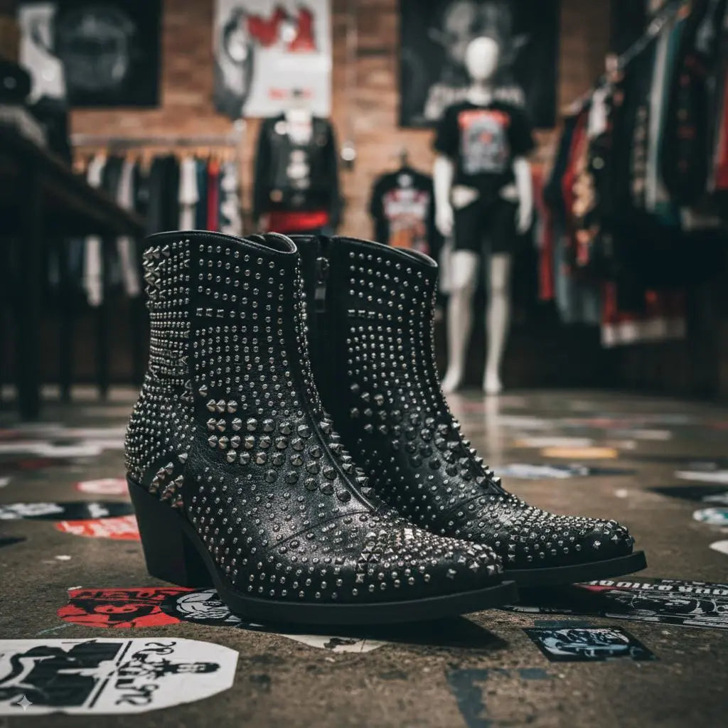 Tuhoomall Western Cowboy Ankle Booties with Rivets - Stylish Chunky Heel, Zipper Closure, Ideal for Casual Parties and Seasonal Wear Tuhoomall