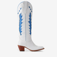 Tuhoomall Western Knee High Floral Embroidered Cowboy Boots for Travel, Outdoor and Casual Fashion with Chunky Heel and Slip-On Design