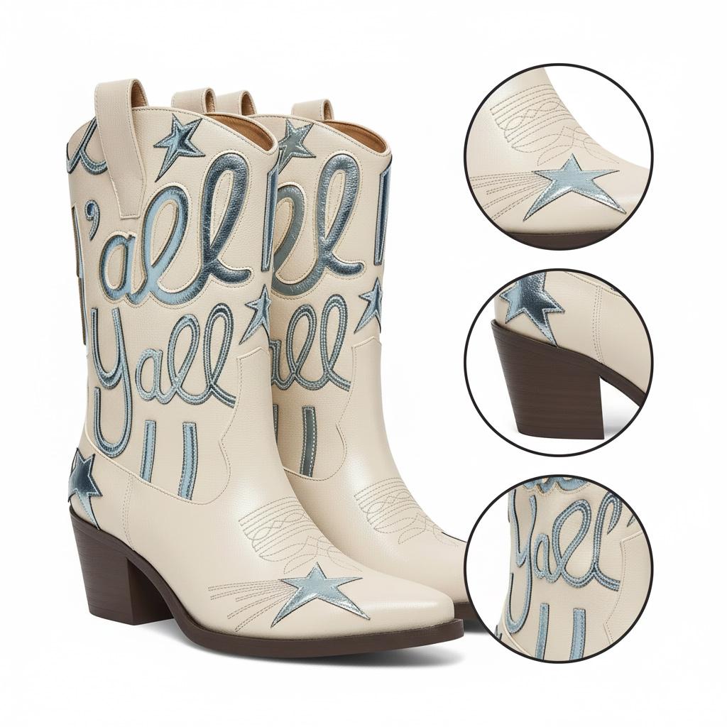 Tuhoomall Comfortable Western Boots for Fashion Parties and Daily Wear with Star and Letter Embroidery, Chunky Heel, Slip-On Design Tuhoomall