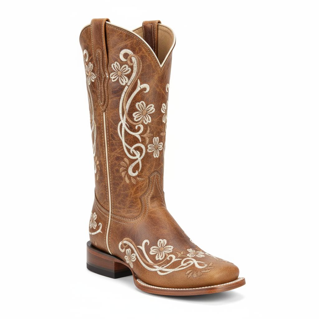 Tuhoomall Retro Floral Embroidered Mid Calf Boots for Women, Comfortable Slip-On Chunky Heel Design, Perfect for Casual Lifestyle