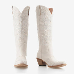 Tuhoomall Western Style Embroidered Chunky Heel Boots With Pearl Accents For Weddings, Parties, And Casual Wear