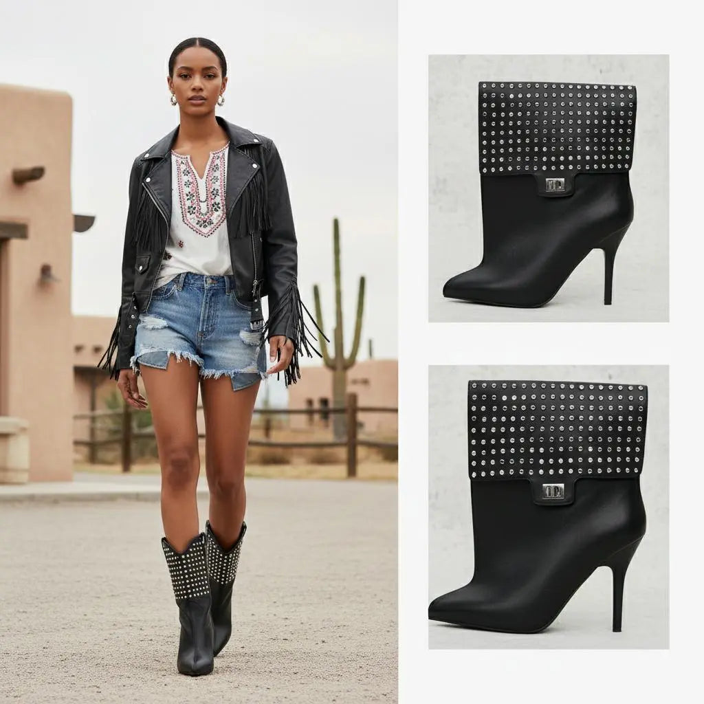 Tuhoomall Pointed Toe Ankle Boots with Studded Design and High Heel for Fashionable Casual Outfits, Parties, and Events Tuhoomall