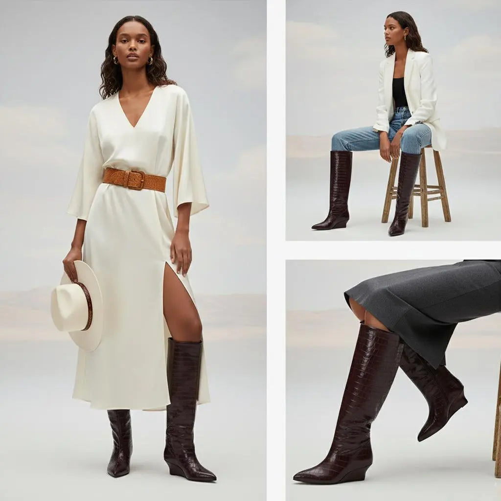 Tuhoomall Wedges Boots Over-the-Knee Boots For Parties and Performances, Comfortable Wedge Heel, Crocodile Pattern PU, Fashionable Retro Design Tuhoomall
