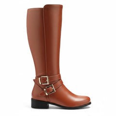 Tuhoomall Knee High Boots For Women With Round Toe And Low Chunky Heel, Classic Style For Parties And Performances, Adjustable Buckle Closure, Retro Fashion