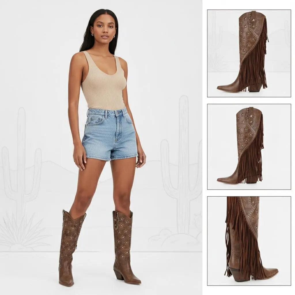 Tuhoomall Western Cowboy Knee-High Boot for Women, Comfortable Chunky Heel with Fringe, Star and Studded Design - Perfect for Fashion and Outdoor Events Tuhoomall