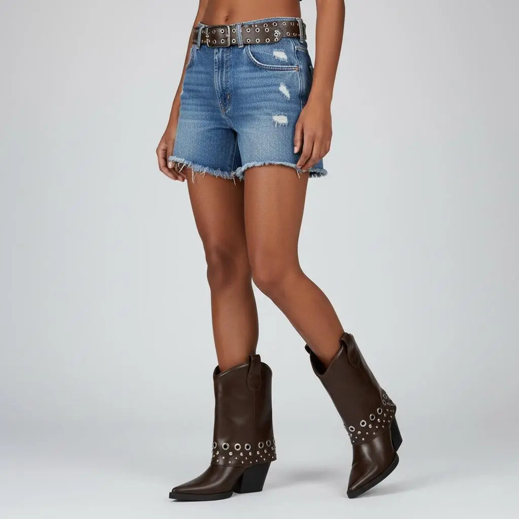 Tuhoomall Chic Ankle Boots With Geometric Pattern, Foldable Shaft, Metal Buckle, Chunky Heel For Casual And Outdoor Use Tuhoomall