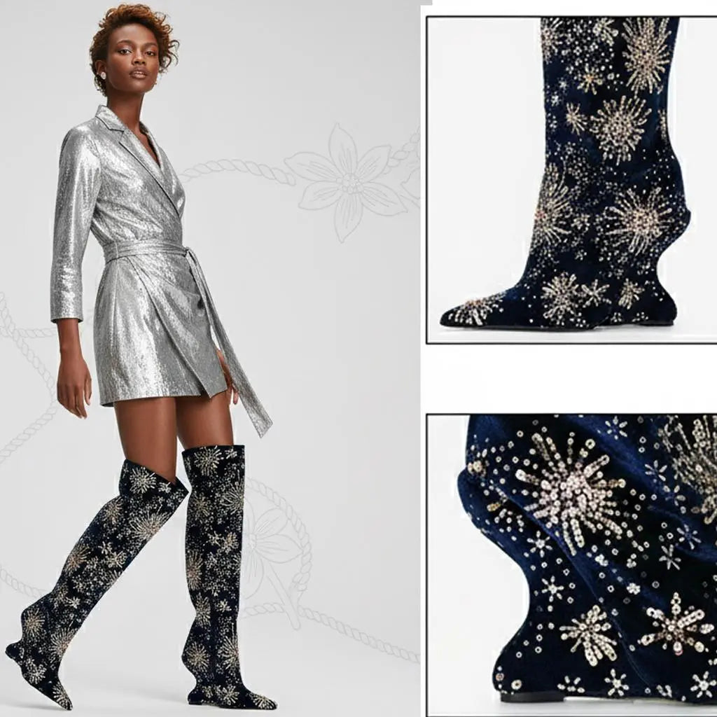 Tuhoomall Over The Knee Floral Embellished Chunky Heeled Boots For Parties And Fashionable Events Tuhoomall