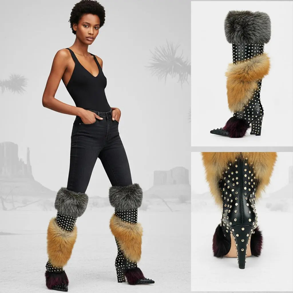 Tuhoomall  Stylish Over-the-Knee Chunky Heeled Boots for Parties and Performances with Faux Fur and Studs Tuhoomall