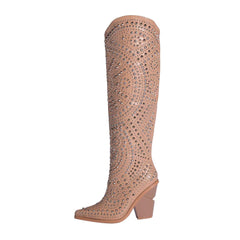 Tuhoomall Western Style Mid Calf Cowboy Boots with Chunky Heel, Pointed Toe, Zipper Closure, Studded Design, Vegan Leather, Ideal for Spring, Fall & Winter