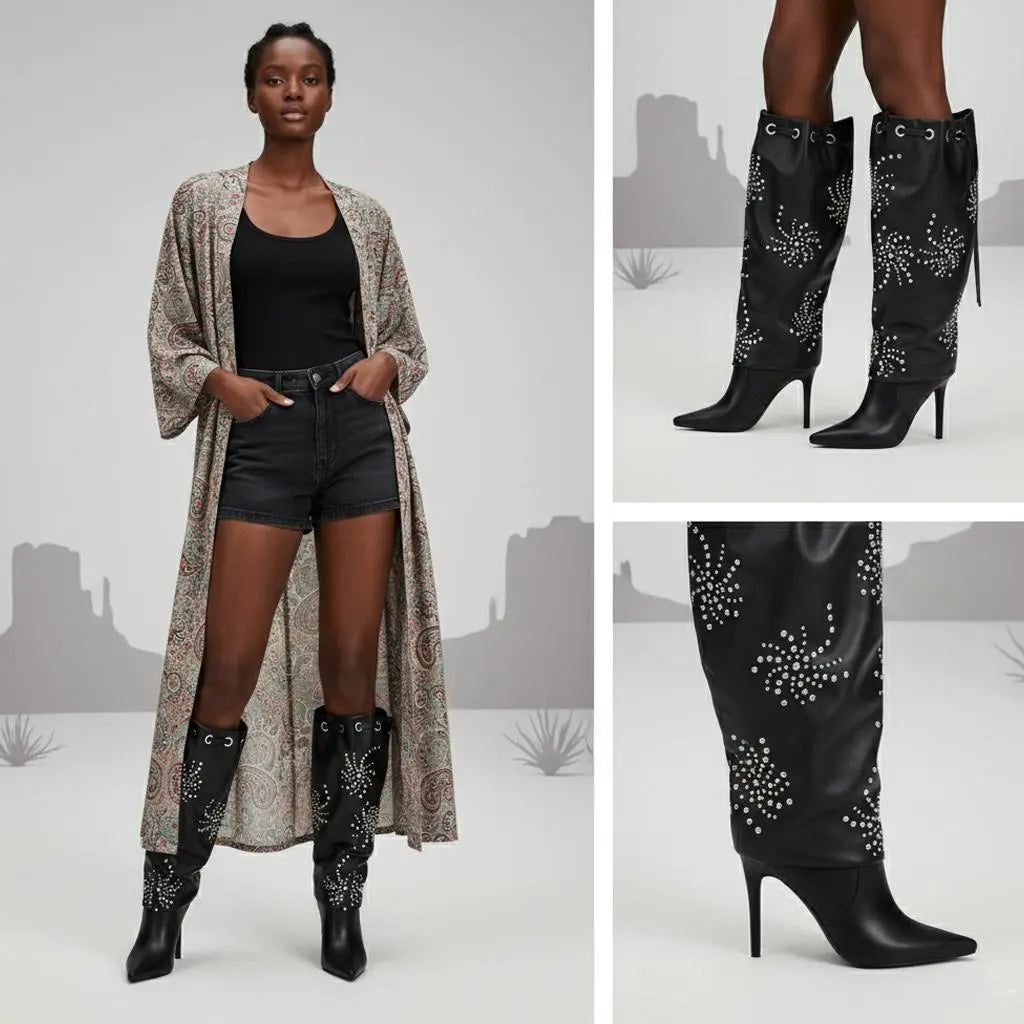 Tuhoomall Knee High Stiletto Boots With Studs And Ruffles For Parties - Elegant Pointed Toe And Adjustable Straps Tuhoomall