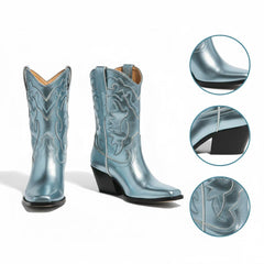 Tuhoomall Metallic Ankle Booties for Women, Chunky Block Heel, Pointed Toe, Casual Stylish Design, Vegan Leather, Embroidered Details, All Seasons