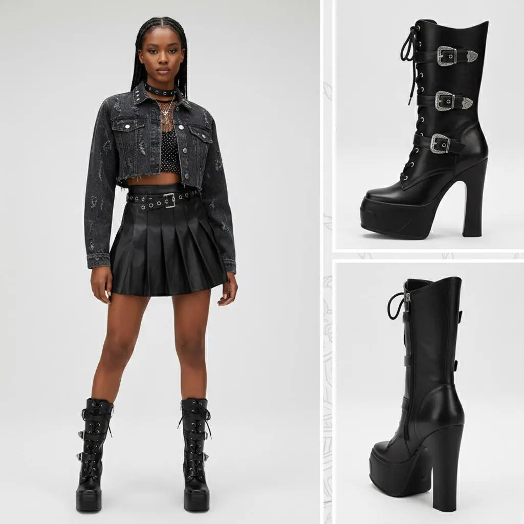 Tuhoomall Waterproof Platform Boots with Adjustable Buckle, High Heel and Anti-Slip Design for Outdoor and Rainy Day Fashion Tuhoomall