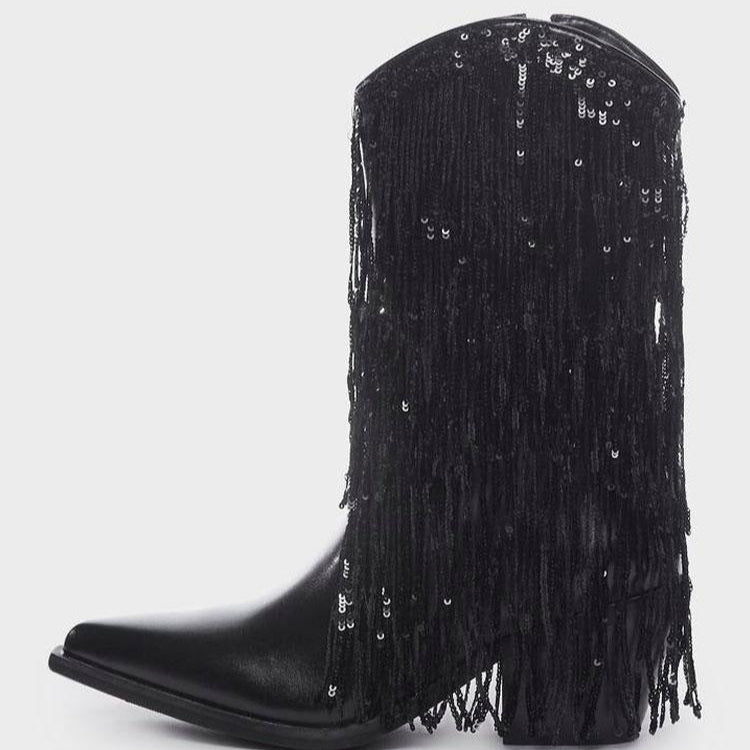 Tuhoomall Cowboy Ankle Boots for Women, Chunky Heel 3.15 in, Pointed Toe, Sequined Fringes, Perfect for Fashion Parties and Performances