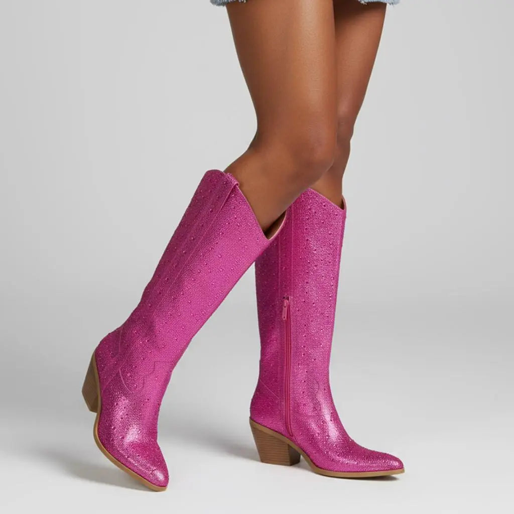 Tuhoomall Rhinestone Western Mid Calf Boots For Women - Chunky Heel & Easy Zip Closure, Stylish For Travel And Weddings Tuhoomall