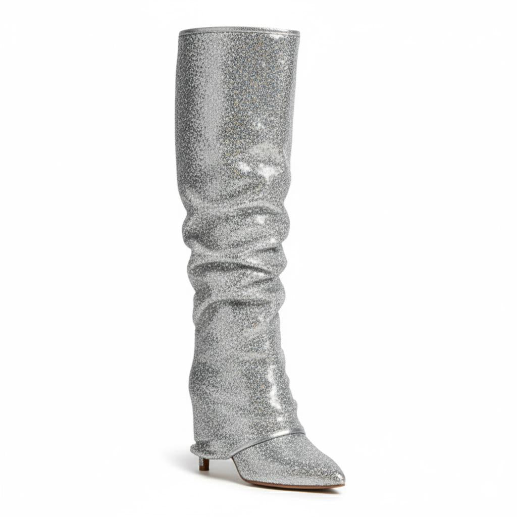 Tuhoomall Slouch Pointed-Toe Mid Calf Boots with Stiletto Heels for Fashion Performances - Sequin Finish, Slip-On Design, 4.33 in Heel Height