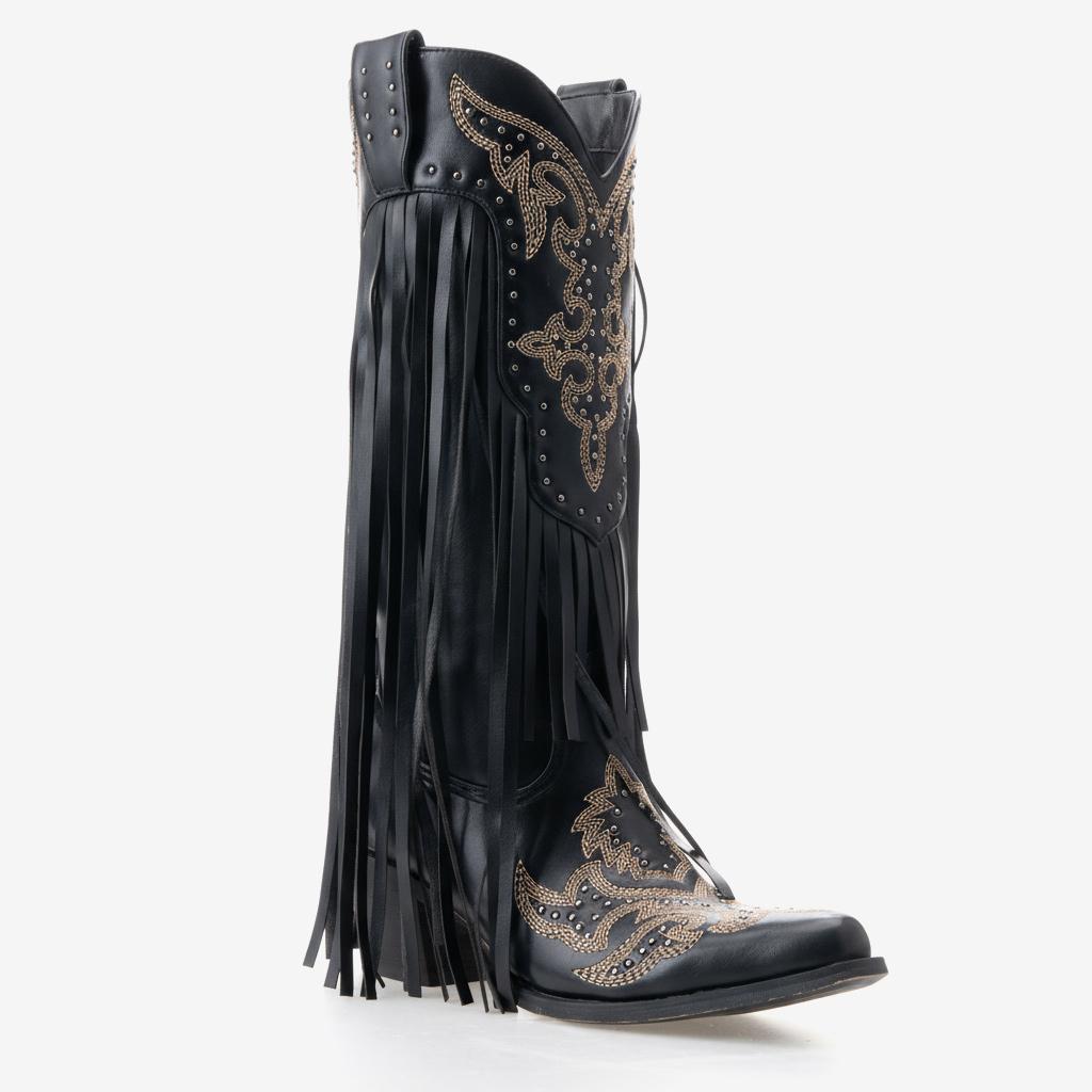 Tuhoomall Western Cowgirl Boots, Chunky Heel Mid Calf Slip-On, Fringe & Studded Design for Fashionable Outdoor Events
