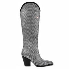 Tuhoomall Shiny Rhinestone Knee-High Boots for Parties and Performances, Stylish Pointed Toe Design, 9cm Chunky Heel, All-Season Wear
