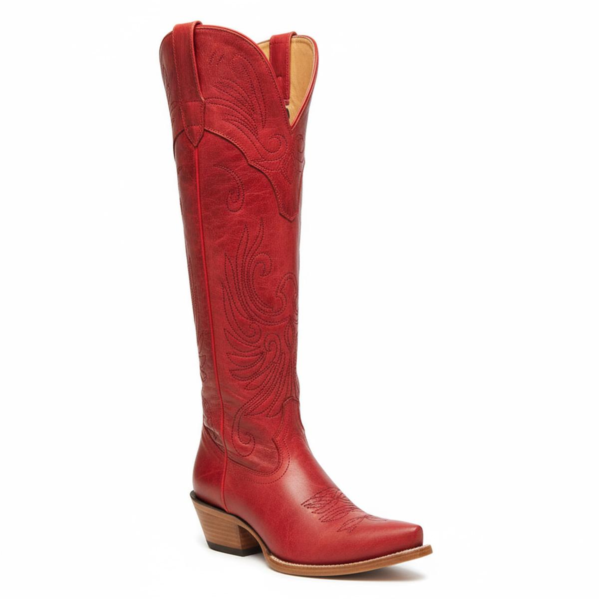 Tuhoomall Western Knee High Boots with Embroidered Design, 2.25 Inch Chunky Heel, Perfect for Fashion, Travel, Parties and Everyday Wear