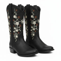 Tuhoomall Comfortable Western Boots for Women with Embroidery, Rubber Sole, Chunky 5cm Heel - Fashionable Casual Footwear for All Seasons