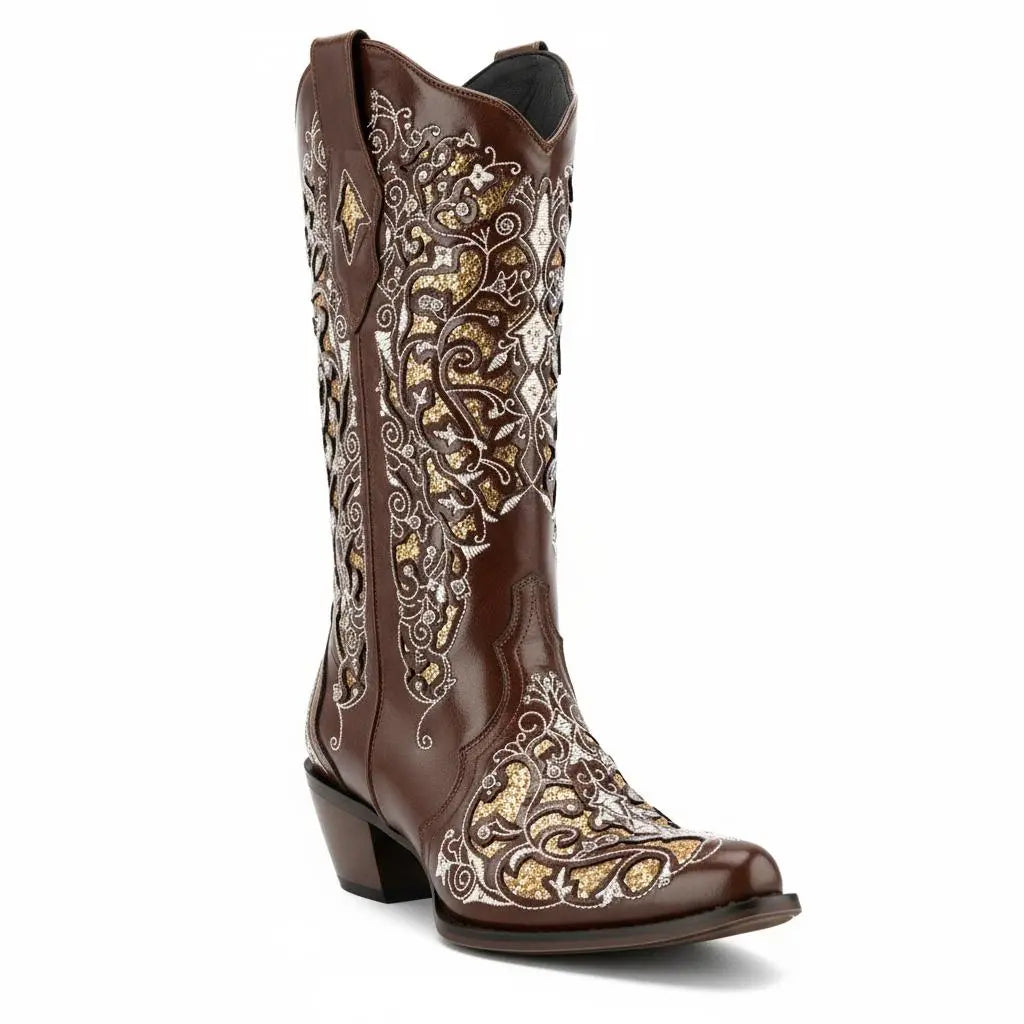 Tuhoomall Western Style Embroidered Mid-Calf Boots For Fashion, Travel, Outdoor - Chunky Heel, Faux Suede, Slip-On, Rhinestones, 3cm Heel Height Tuhoomall