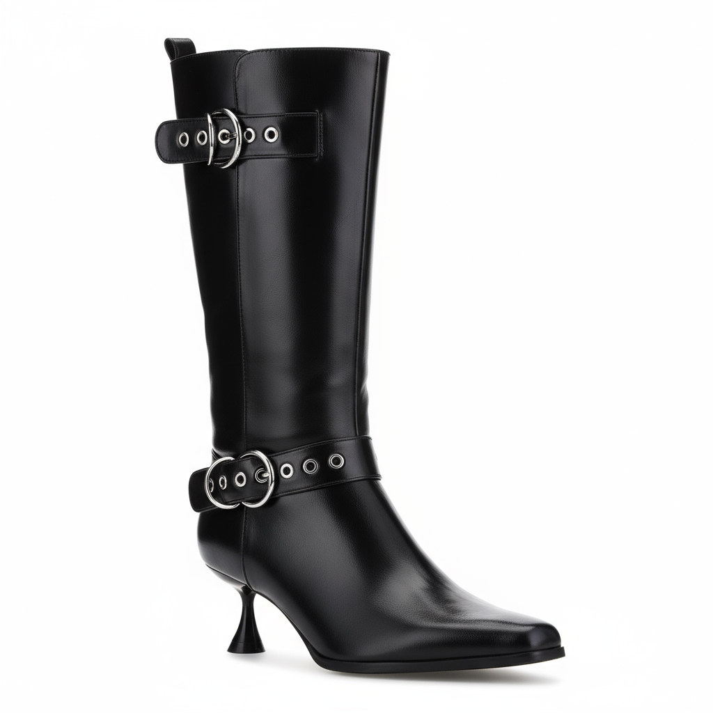 Tuhoomall Stylish Low-Cut Ankle Boots for Parties and Runway Shows, Adjustable Buckle, 5cm Kitten Heel, Solid Color with Metallic Accents, All-Season Comfort