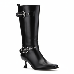 Tuhoomall Stylish Low-Cut Ankle Boots for Parties and Runway Shows, Adjustable Buckle, 5cm Kitten Heel, Solid Color with Metallic Accents, All-Season Comfort