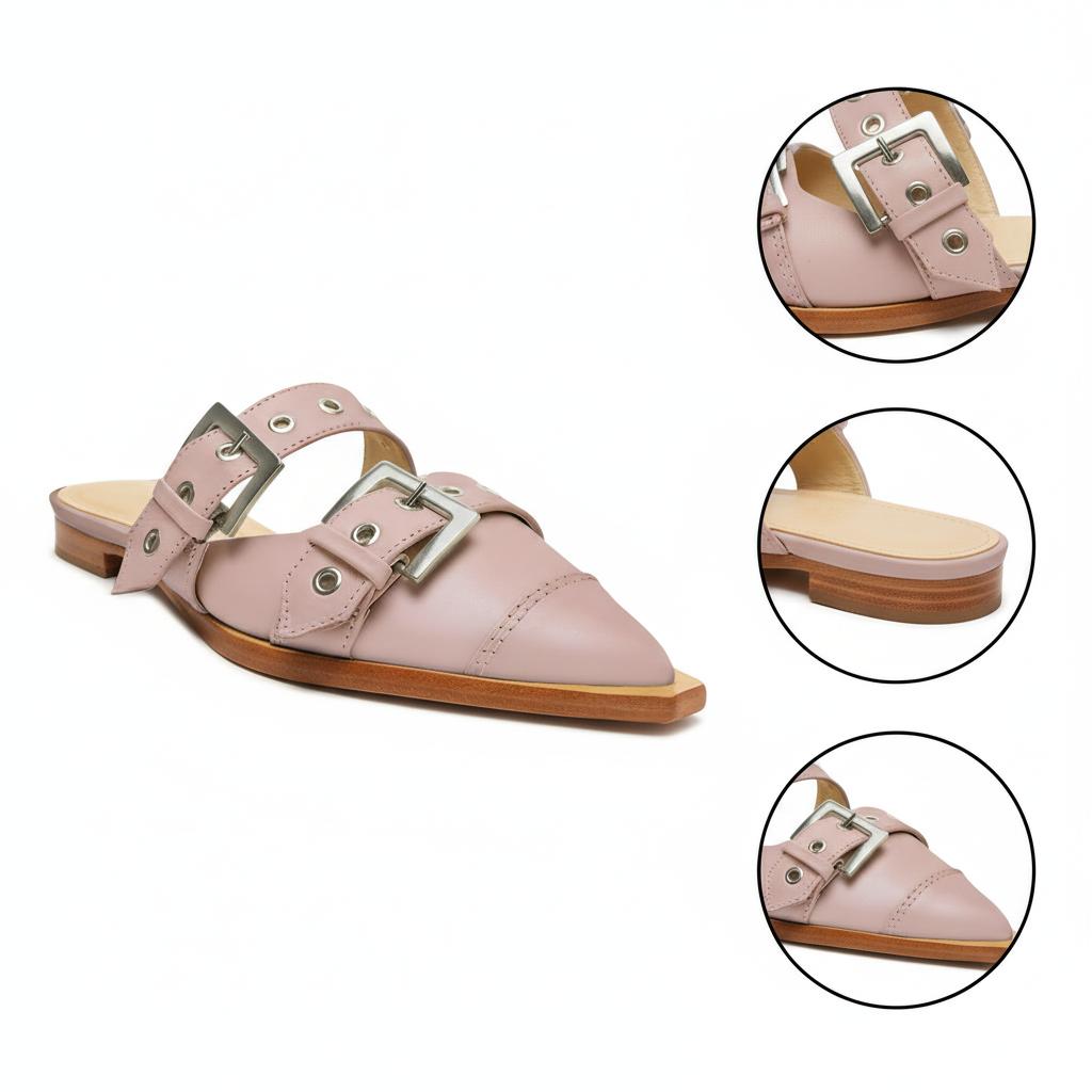 Tuhoomall Comfortable Pointed-Toe Mule Sandals for Summer Travel | Adjustable Metal Button Design | Casual Street Style Tuhoomall