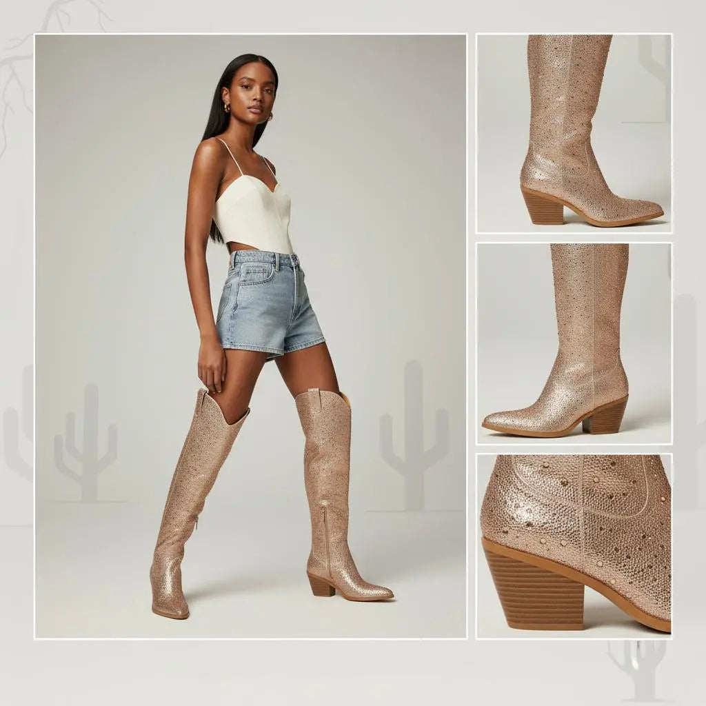Tuhoomall Western Over-Knee Cowboy Boots With Chunky Heel, Rhinestone-Studded Vegan Leather, Casual All-Season Style, Round Toe, Zipper Closure Tuhoomall