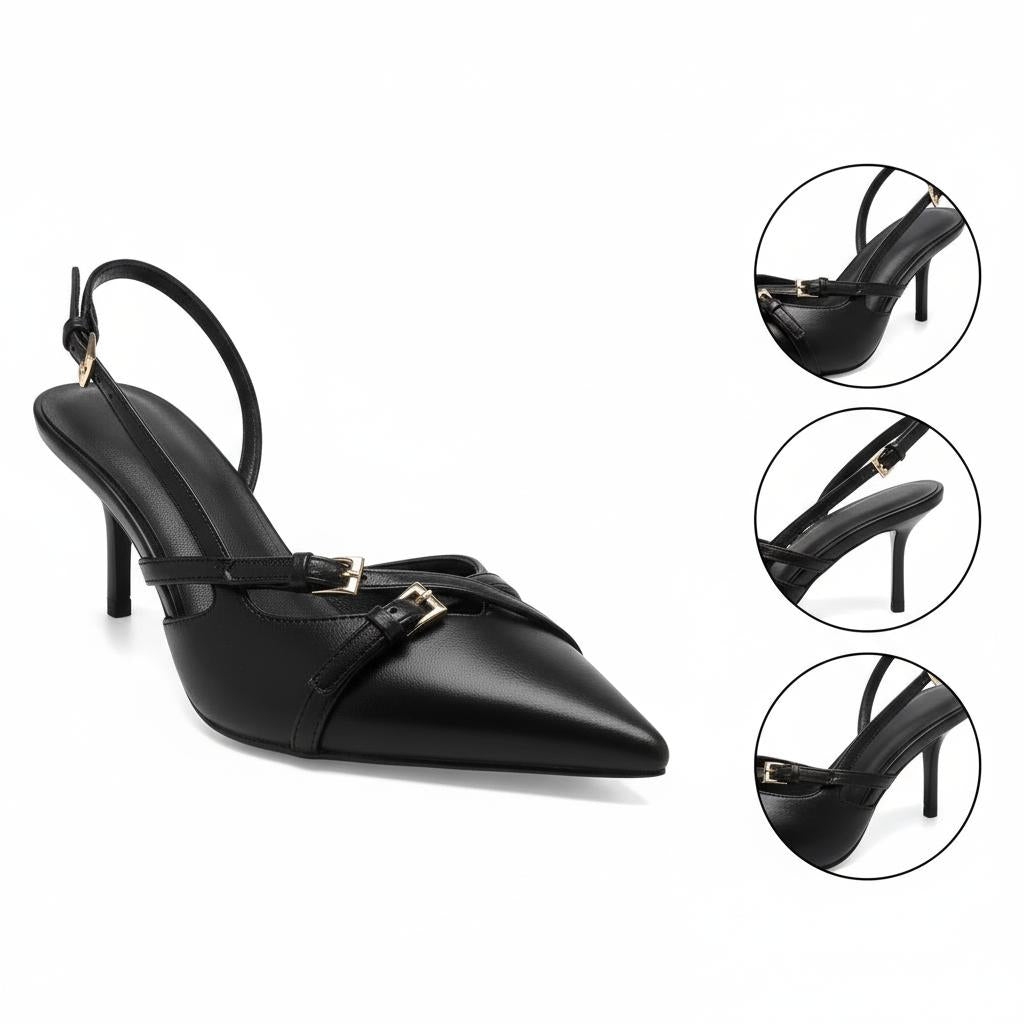Tuhoomall High Heel Sandals for Women, Stylish Pointed Toe Low Heel, Double Buckle Open Back Design for Casual and Formal Occasions Tuhoomall