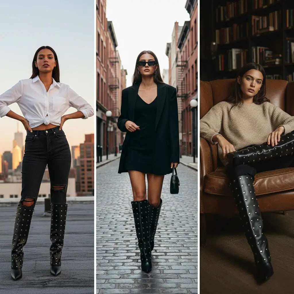 Tuhoomall Foldable Knee High Boots with Studs and Polka Dot Design for Outdoor Fashion Casual Style Tuhoomall