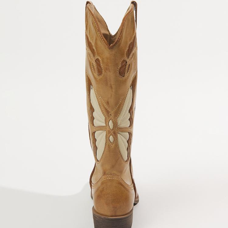 Tuhoomall Tan Butterfly Inlay Wide Calf Retro Cowgirl Tall Boots