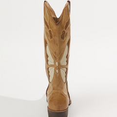 Tuhoomall Tan Butterfly Inlay Wide Calf Retro Cowgirl Tall Boots