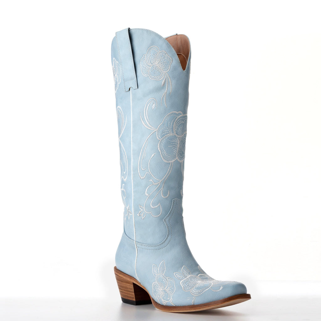 Tuhoomall Western Cowboy Boots for Women, Floral Embroidery, 6cm Chunky Heel, Slip-On Design, Perfect for Fashion, Travel and Outdoor