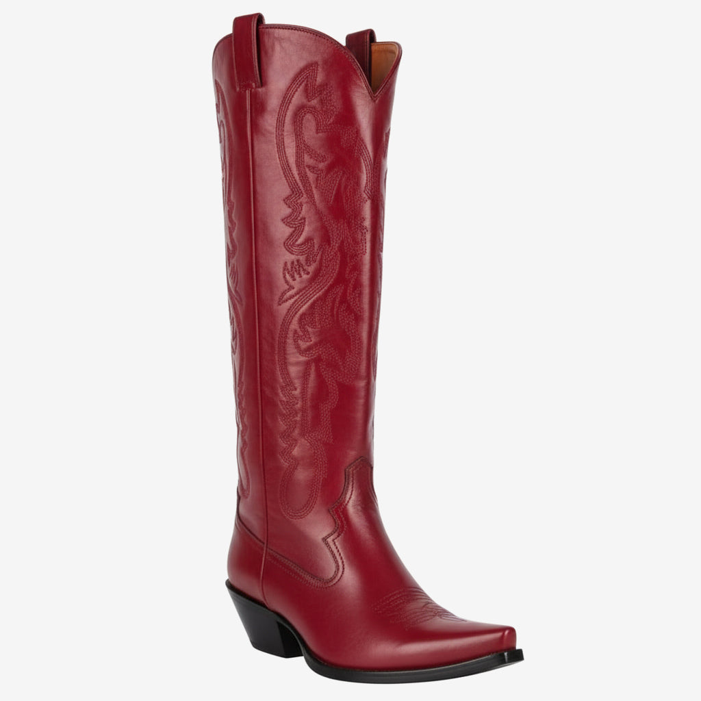 Tuhoomall Western Style Floral Embroidery Knee High Boots for Work - 5.6 cm Chunky Heel, Rubber Sole, Slip-On Design, Classic Fashion وترتیب