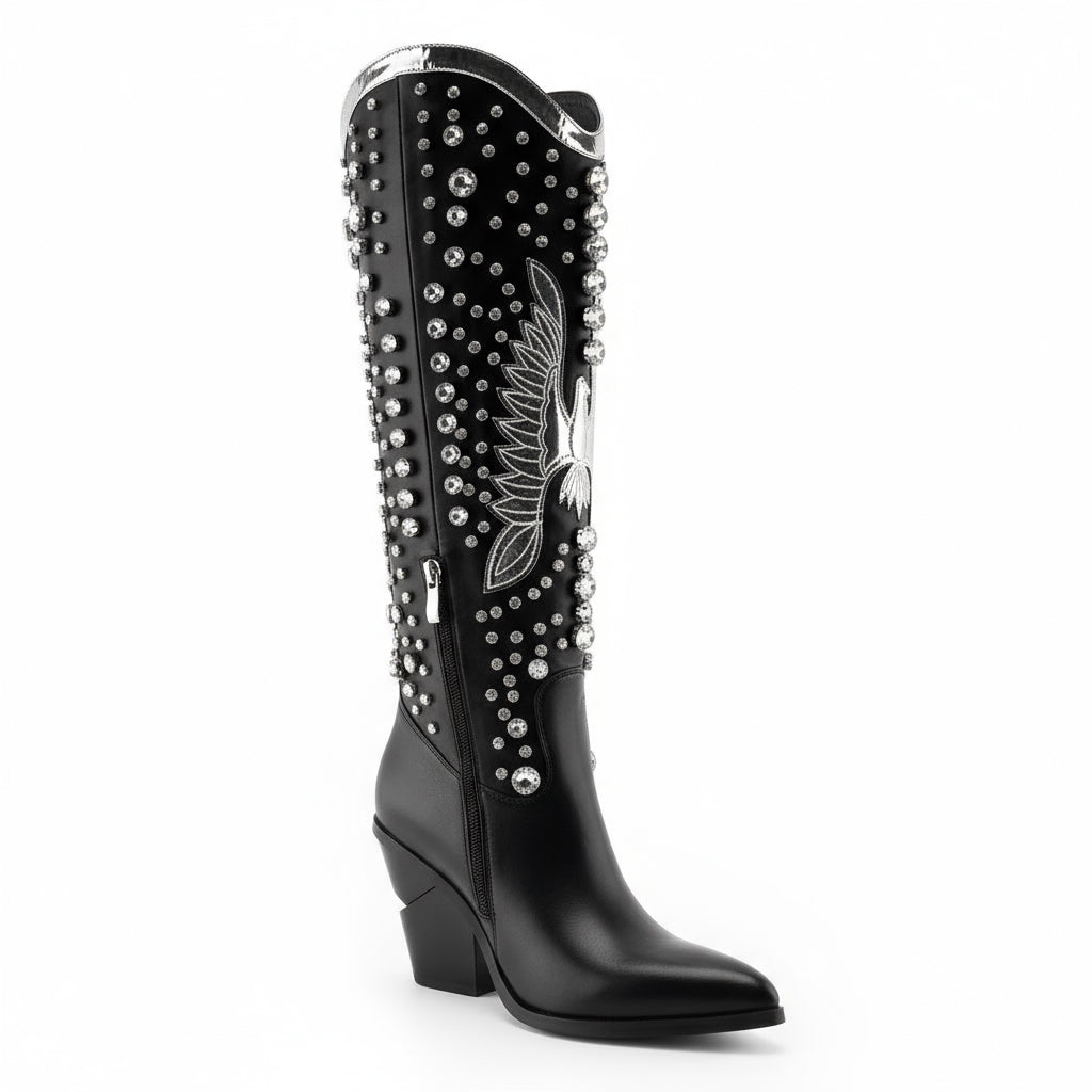 Tuhoomall Pointed-Toe Mid Calf Boots With Rhinestones For Fashion Parties | Chunky Heel, PU Upper, All-Season Style