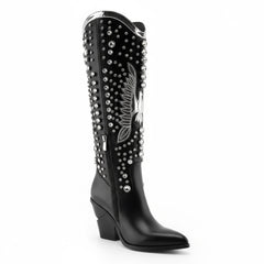Tuhoomall Pointed-Toe Mid Calf Boots With Rhinestones For Fashion Parties | Chunky Heel, PU Upper, All-Season Style