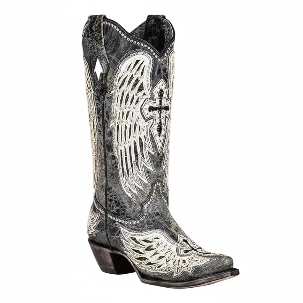Tuhoomall Western Cowgirl Boots for Women, Chunky Heel Slip-on Mid Calf Boot, Snip-toe Design with Studs and Glitter for Outdoor Performance Tuhoomall