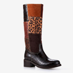 Tuhoomall Stylish Mid-Calf Boots for Parties and Evenings, Round Toe, Low Chunky Heel, Chic Patchwork Design with Snake, Crocodile, Leopard Print