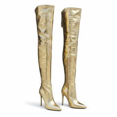 Tuhoomall Stylish Over-the-Knee High Heels with Metallic Shine, Striped Pattern, and Faux Leather Lining for Parties and Fashion Events