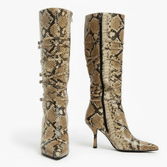 Tuhoomall Fashion Casual Knee High Boots for Women, Snakeskin PU, Pointed Toe, Adjustable Buckle, Rubber Sole, Chic Street Style