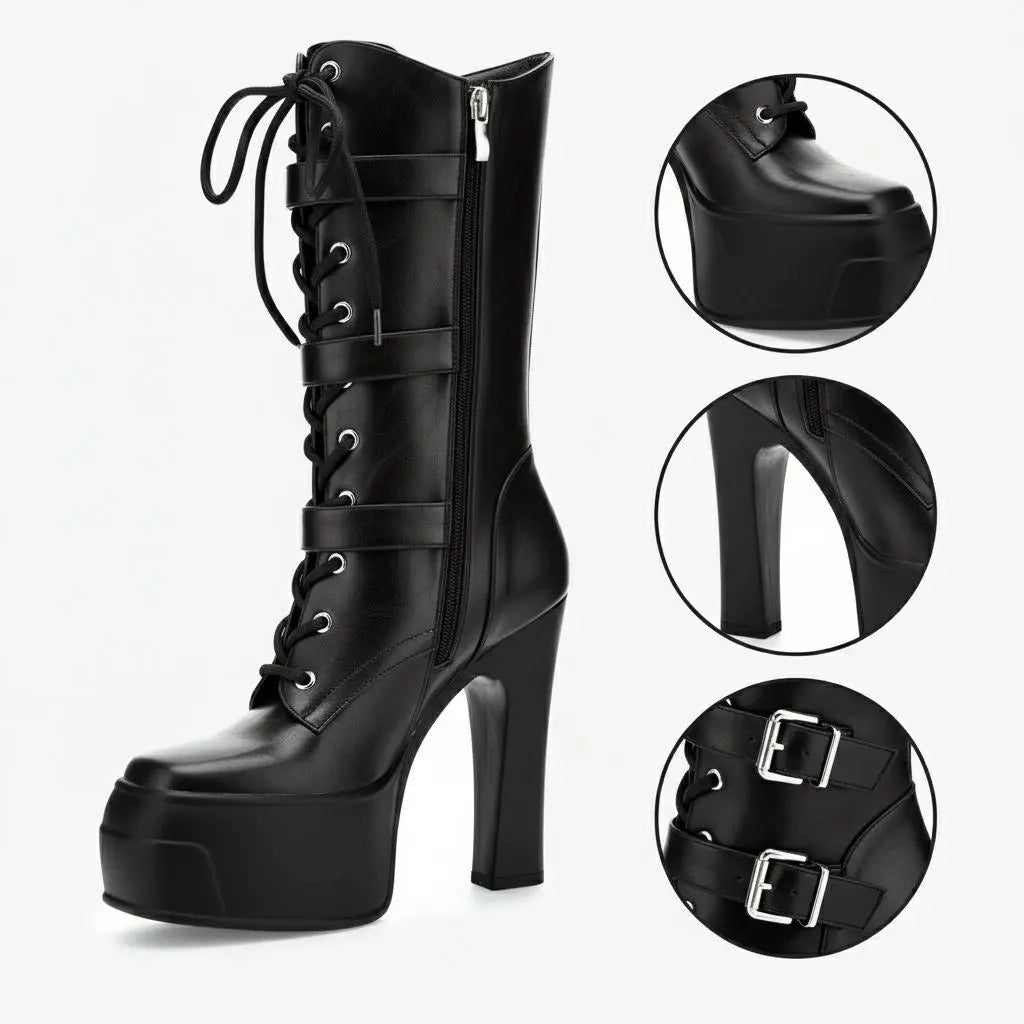 Tuhoomall Waterproof Platform Boots with Adjustable Buckle, High Heel and Anti-Slip Design for Outdoor and Rainy Day Fashion Tuhoomall