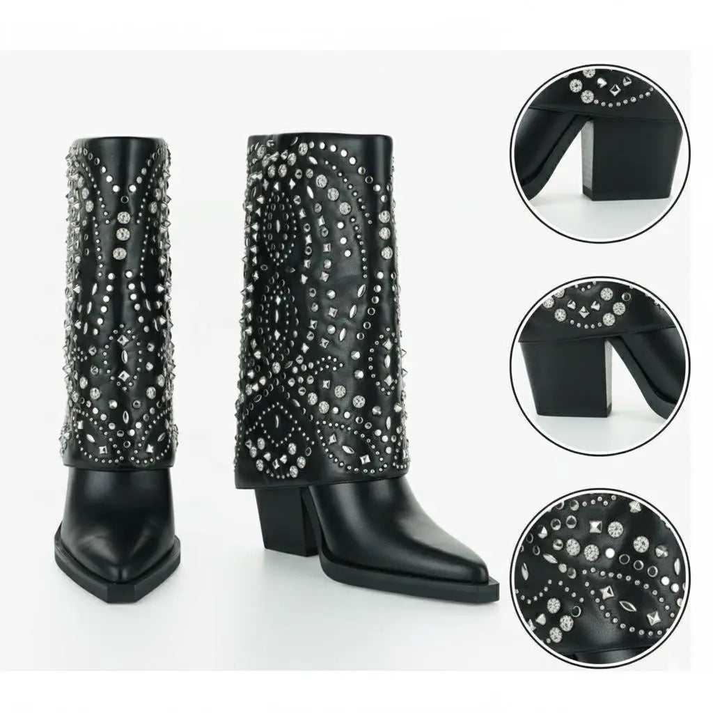 Tuhoomall Ankle Boots for Women, Stylish and Comfortable, Perfect for Parties and Casual Outings, Studded Design with Metal Buckle, 10cm Chunky Heel Tuhoomall